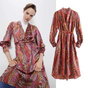ZARA Paisley Satin Dress with Belt Sz L Pink/Red Multi